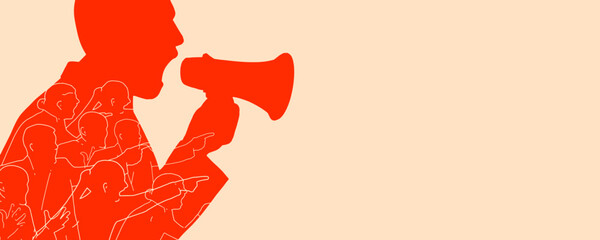 Contemporary art collage. Silhouette of person speaking into megaphone with crowd of people integrated within silhouette against beige background. Concept of social issues, communication, connection.