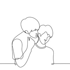 man whispers in another's ear standing behind him - one line art vector. concept of male friends gossiping, gay couple flirting and seducing