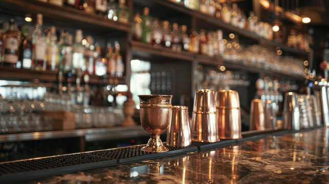 Copper utensils on classic marble bar counter