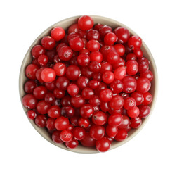 Bowl of fresh ripe cranberries isolated on white, top view
