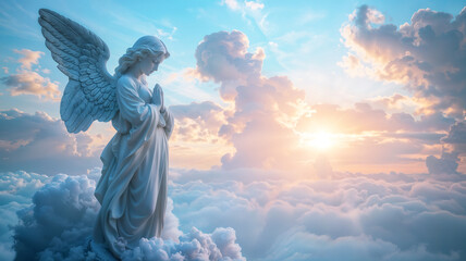 Heavenly angel statue praying on sky and clouds background, archangel in heaven with copyspace, christianity hd