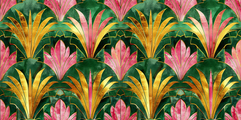 vintage background, floral seamless pattern with vintage damask elements, featuring leaves and plants, perfect for wallpaper, fabric, or textile design, watercolor tropical art deco pattern