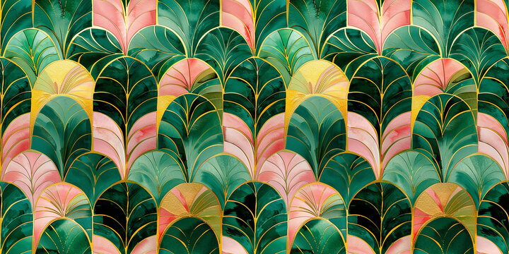 Fototapeta vintage background, floral seamless pattern with vintage damask elements, featuring leaves and plants, perfect for wallpaper, fabric, or textile design, watercolor tropical art deco pattern