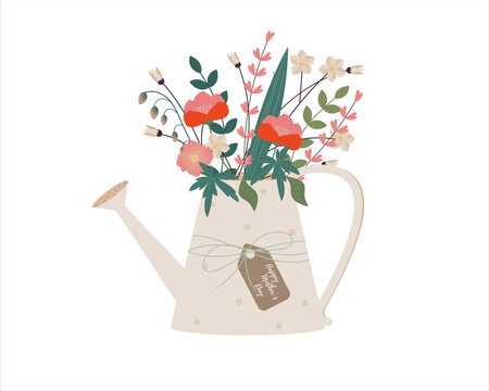 Vector illustration of bouquet of flowers in kettle, greeting for mother's day, wedding, romantic pot, floral invitation, birthday, celebration. Cozy rural vector composition.