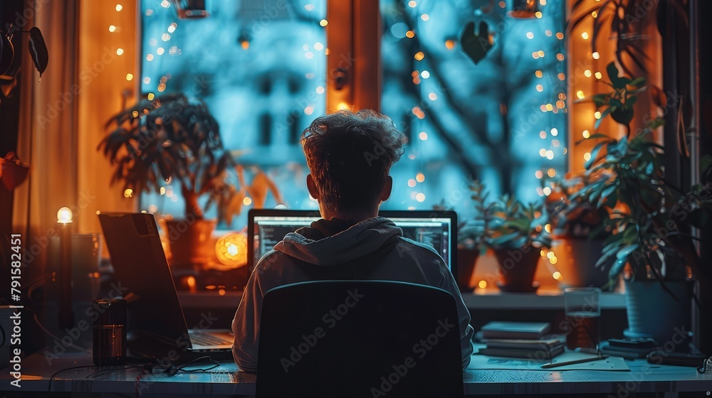 Poster a developer while working hard on his laptop to meet a tight deadline. generative ai.