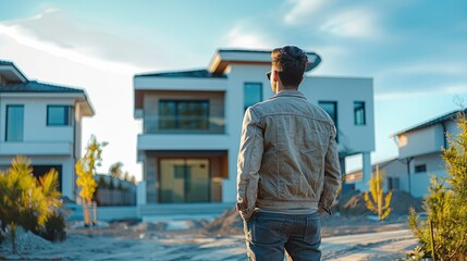 A homebuyer looking at a new construction home to buy. the sky is clear and the home is a luxury modern style home. Generative AI.