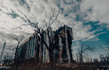 destroyed and burned houses in the city Russia Ukraine war