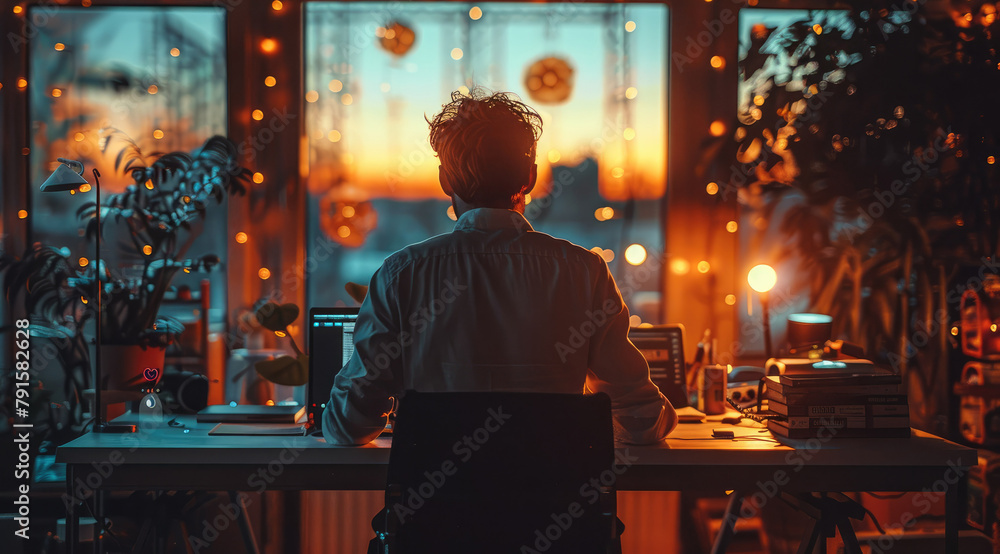 Poster a developer while working hard on his laptop to meet a tight deadline. generative ai.