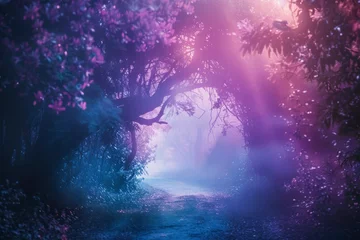 Rolgordijnen Enchanted forest in magic, mysterious fog at night. © Hunman