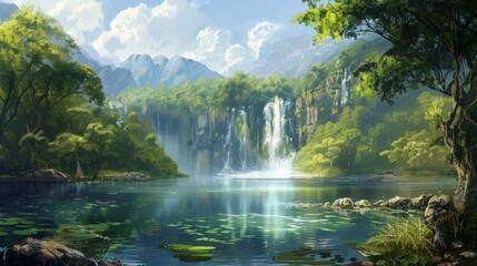 Beautiful natural waterfall surrounded by trees and a serene lake