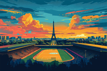 Olympic stadium at France with Eiffel tower in the background in vectorial, Paris olympic games, vector, vectorial  - obrazy, fototapety, plakaty