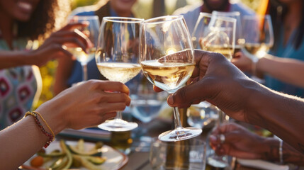 Group of friends drinking wine, clinging glasses