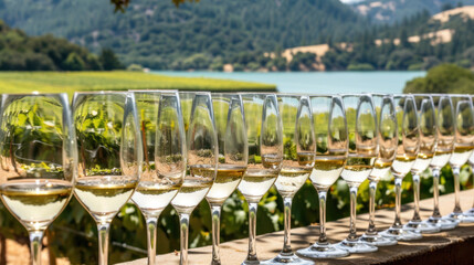 Glasses of wine prepared for professional tasting on summer restaurant terrace