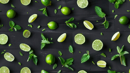 Seamless flat lay background with limes and mint on black slate background