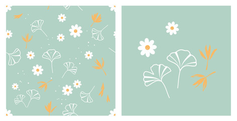 Naklejka premium Seamless pattern with ginkgo leaves, daisy flower and yellow plant on green background. Ginkgo leaves icon sign vector.