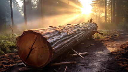 sawed log in forest on background - obrazy, fototapety, plakaty