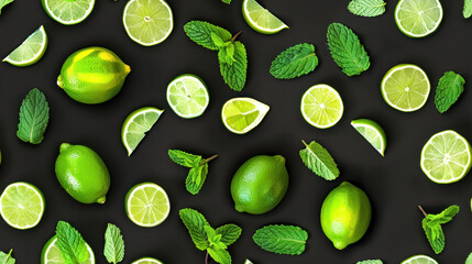Seamless flat lay background with limes and mint on dark background