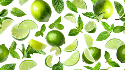 Seamless flat lay background with limes and mint on white background