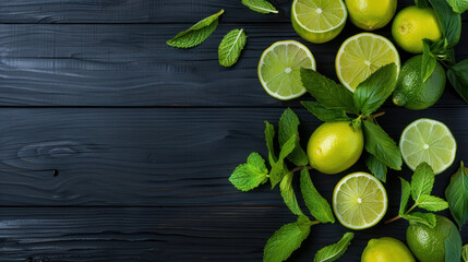 Peppermint and citrus flat lay, frame for a recipe on wooden surface, menu, Mojito cocktail concept