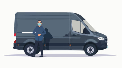 Cargo van with driver in a medical mask isolated. Vector