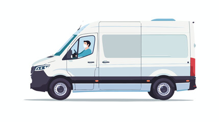 Cargo van with driver in a medical mask isolated. Vector - obrazy, fototapety, plakaty