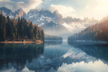 Landscape of Lake in dolomite mountains. - obrazy, fototapety, plakaty