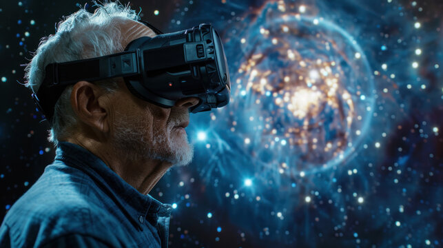 Old man getting new experiences with virtual reality gadget