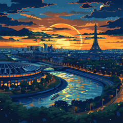 Paris sunset, eiffel tower on the background, vectorial - obrazy, fototapety, plakaty