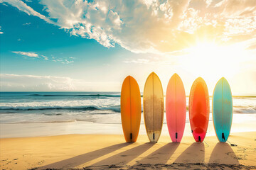 Colorful surfboards standing on a beautiful beach in summer time - obrazy, fototapety, plakaty
