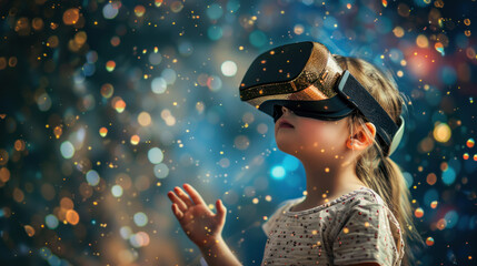 Small girl with virtual reality device in some abstract space, futuristic learning technology concept - obrazy, fototapety, plakaty