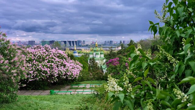 Picturesque Spring Landscape on the Church and on the Left Bank of the City, Kiev, Ukraine