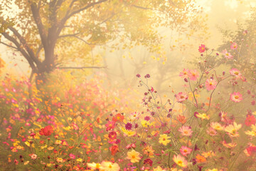 Vintage autumn landscape background. colorful beautiful fall flowers magical.