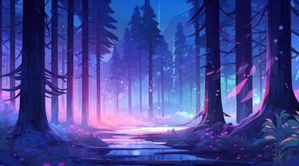 Enchanted winter forest under the Northern Lights’ glow - obrazy, fototapety, plakaty