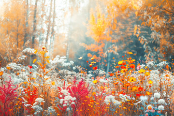 Fototapeta na wymiar Vintage autumn landscape background. colorful beautiful fall flowers magical.