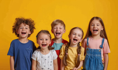 happy smiling children boys and girls standing together in studio on yellow background, having fun laughing , wearing colorful