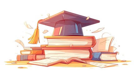 2d illustration depicting a cartoon graduation cap adorned with a diploma and surrounded by a stack of books symbolizing education This mortarboard hat with a tassel embodies the concept of