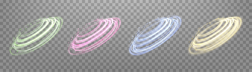 Glowing magic rings set. Neon realistic energy flare rings with sparkling particles. Abstract light effect on a transparent background. Vector illustration