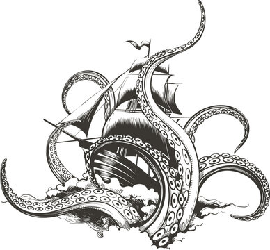recommend clip art: Giant octopus catches sail ship