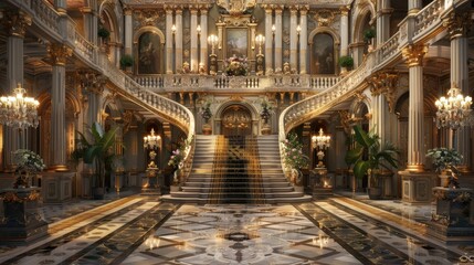 An opulent ballroom with a grand staircase and marble floors - obrazy, fototapety, plakaty