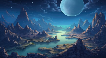 Surreal lunar landscape with craters and mountains under night sky - obrazy, fototapety, plakaty