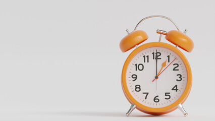 Yellow alarm clock on white background. The clock hand shows 1 o'clock