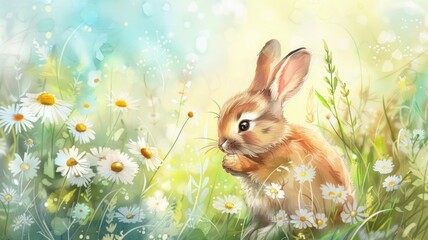 playful illustration of a rabbit enjoying the vibrant beauty of a spring meadow, whimsically engaging with a daisy among colorful blooms