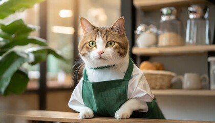 カフェで働くアルバイトの店員猫