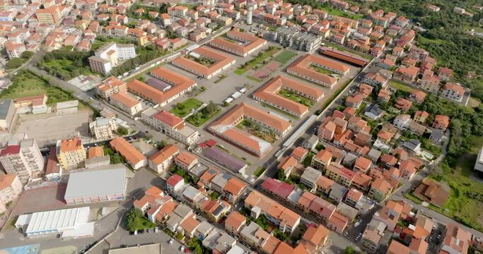 Aerial view of the Trieste barracks in Iglesias, southern Sardinia, Italy. It is a military facility used for the training of carabinieri officers.