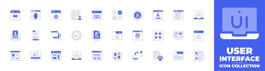 User interface icon collection. Duotone style line stroke and bold. Vector illustration. Containing user interface, browser, ui, user experience, ui design, website, admin, login, social media.