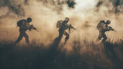 Shadows of soldiers moving through a battlefield  AI generated illustration