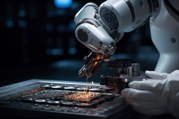 Fototapeta premium Technological Synergy Robot and Human Working on DNA Sequencing. generative ai