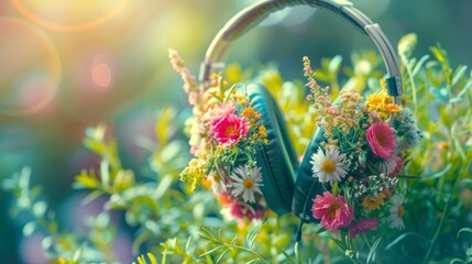 headphones decorated with fresh spring flowers, inspiring and creative. Concept: music and spring mood, creative advertising of audio equipment, symbol of the fusion of technology and nature