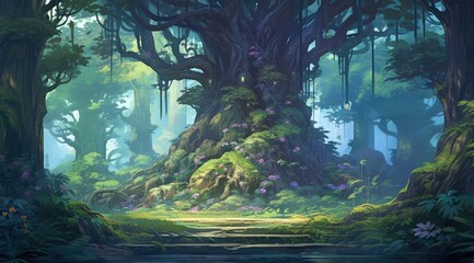 Ancient tree with mystical doorway in an enchanted forest setting