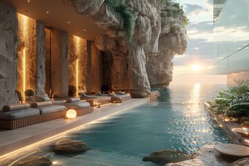 An amazing view of a luxury hotel pool inside a cave.